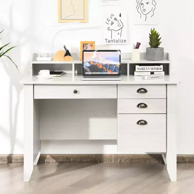 Bureau informatique blanc avec tiroirs, simple