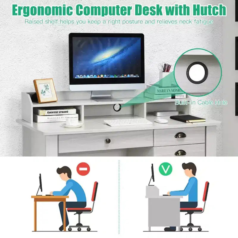Bureau informatique blanc avec tiroirs, simple