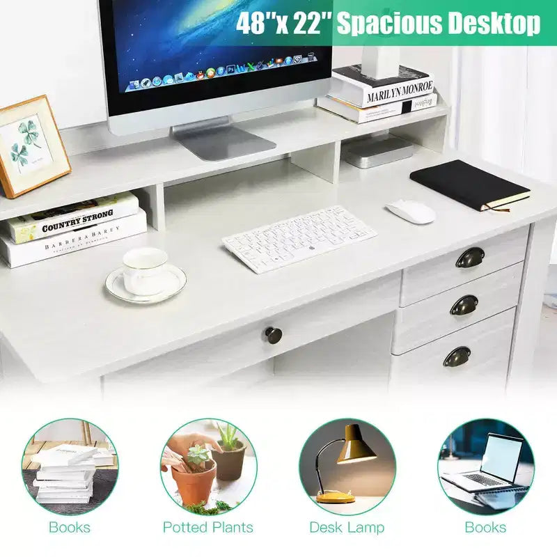 Bureau informatique blanc avec tiroirs, simple