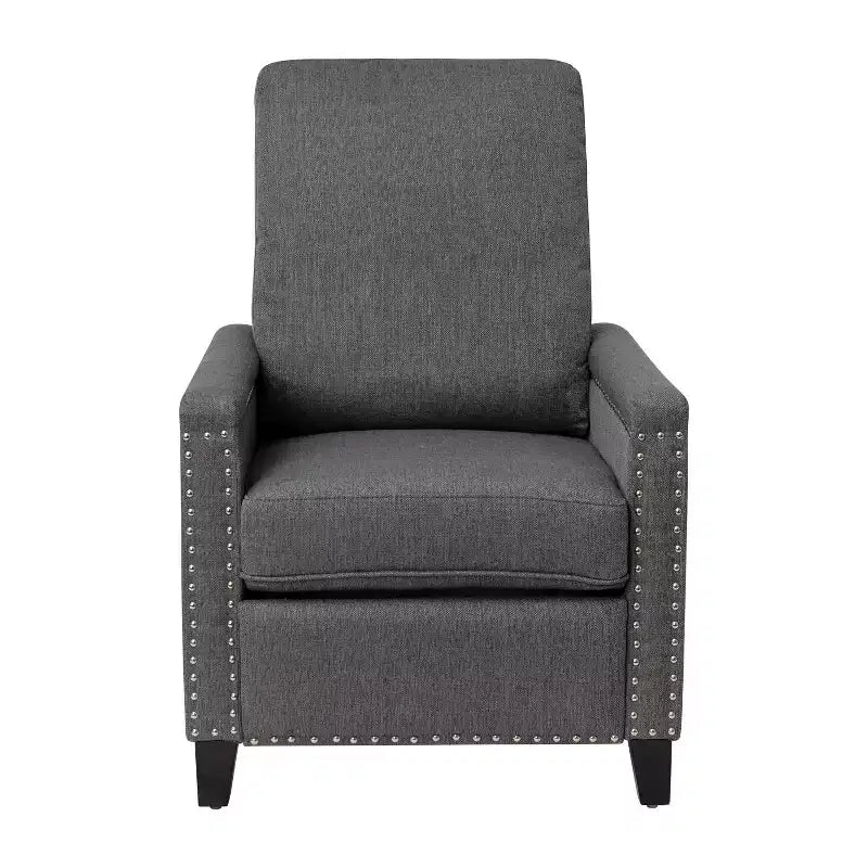 Fauteuil inclinable dossier poussoir en tissu gris / gris clair avec clous décoratifs, une place