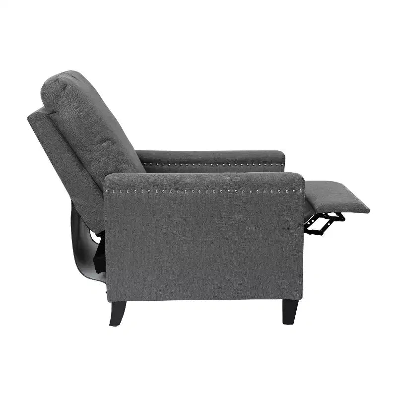 Fauteuil inclinable dossier poussoir en tissu gris / gris clair avec clous décoratifs, une place
