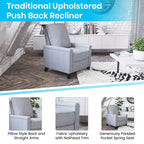 Fauteuil inclinable dossier poussoir en tissu gris / gris clair avec clous décoratifs, une place