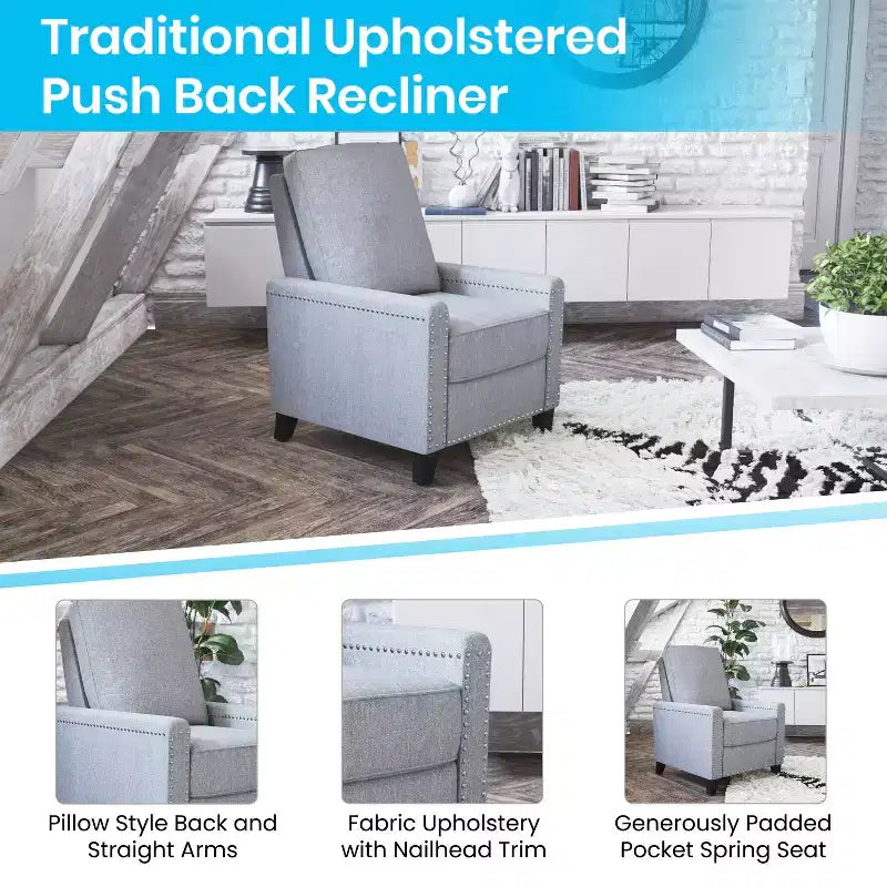 Fauteuil inclinable dossier poussoir en tissu gris / gris clair avec clous décoratifs, une place