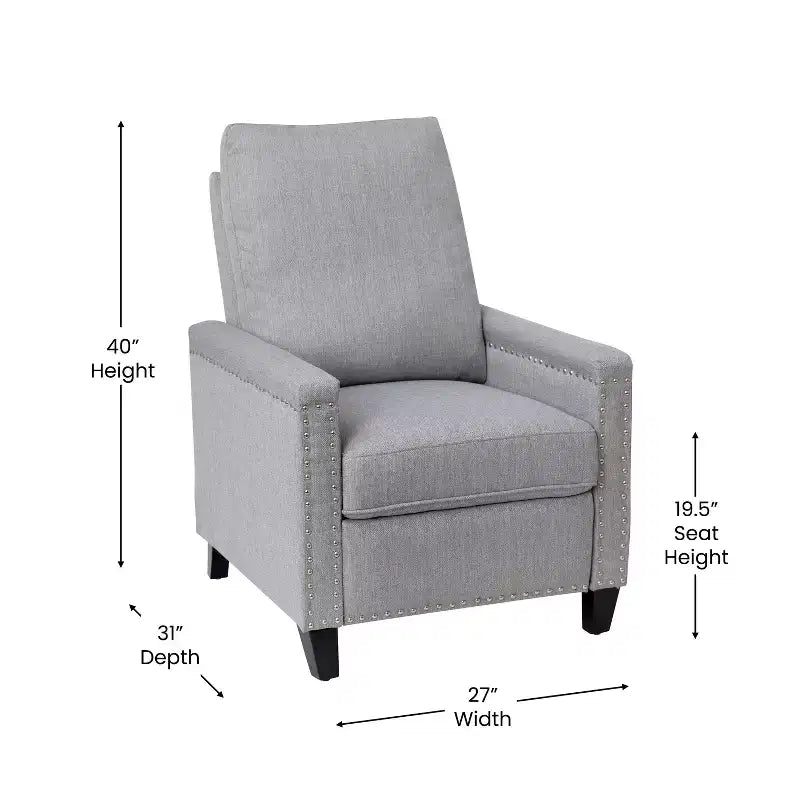 Fauteuil inclinable dossier poussoir en tissu gris / gris clair avec clous décoratifs, une place