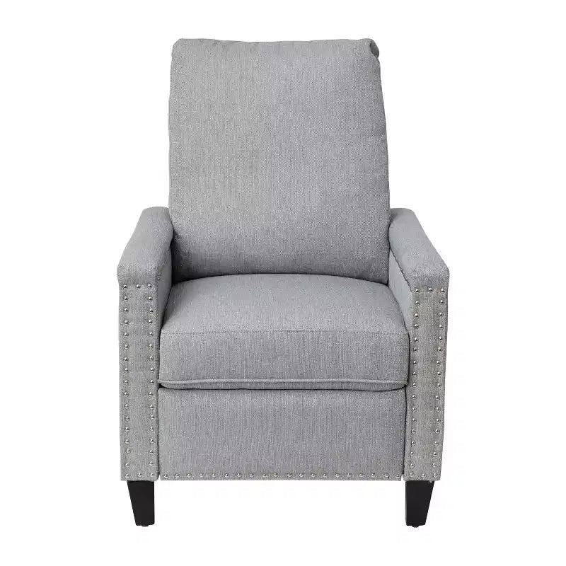 Fauteuil inclinable dossier poussoir en tissu gris / gris clair avec clous décoratifs, une place