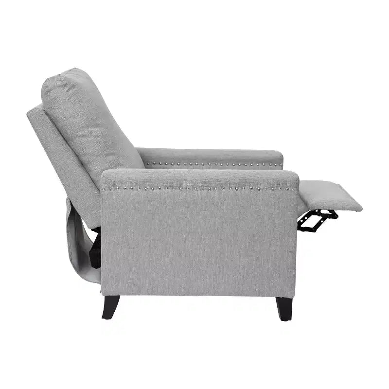 Fauteuil inclinable dossier poussoir en tissu gris / gris clair avec clous décoratifs, une place