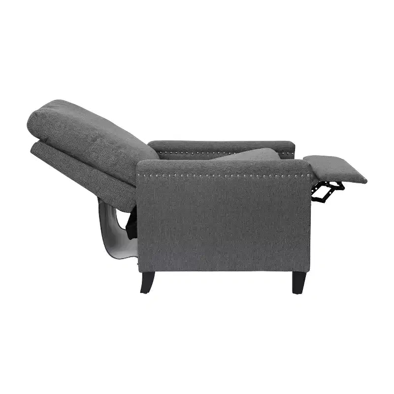 Fauteuil inclinable dossier poussoir en tissu gris / gris clair avec clous décoratifs, une place