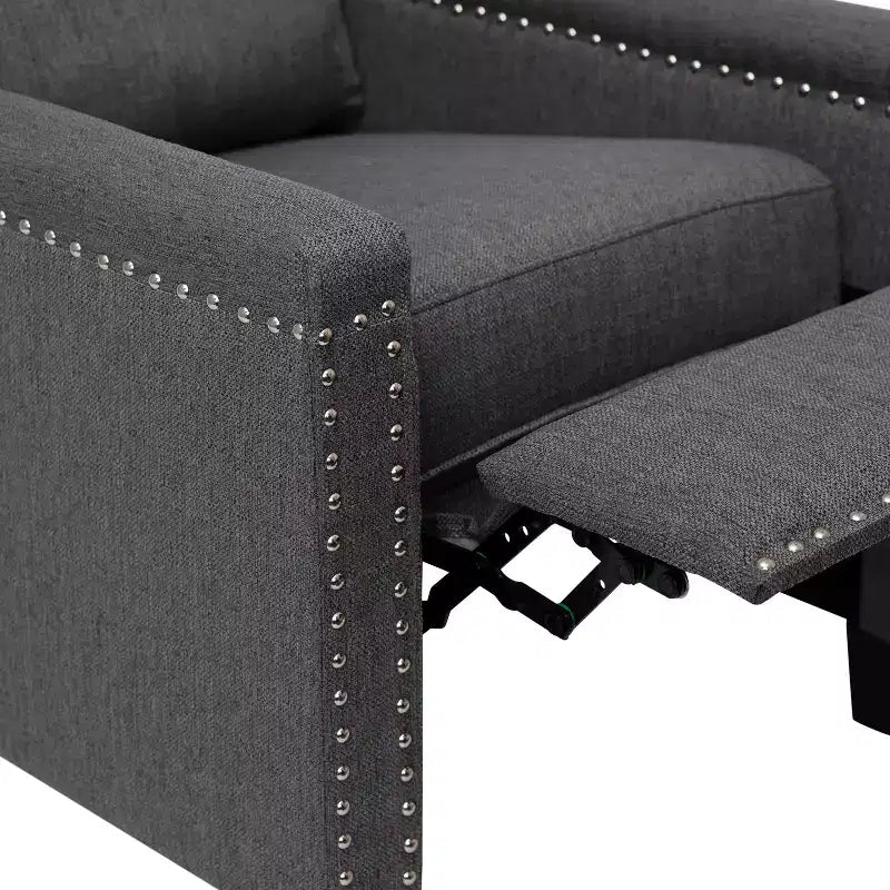 Fauteuil inclinable dossier poussoir en tissu gris / gris clair avec clous décoratifs, une place