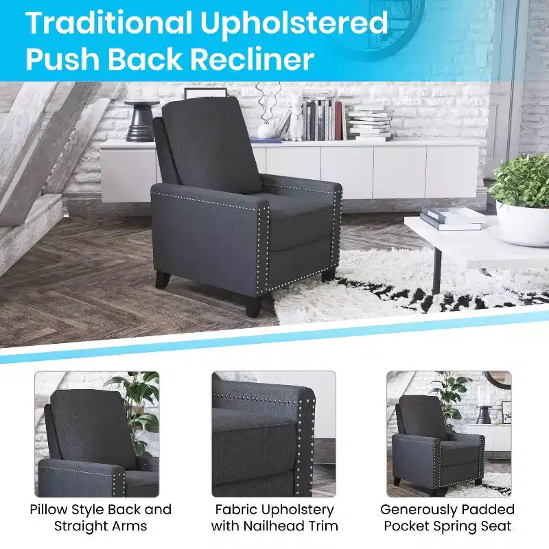 Fauteuil inclinable dossier poussoir en tissu gris / gris clair avec clous décoratifs, une place