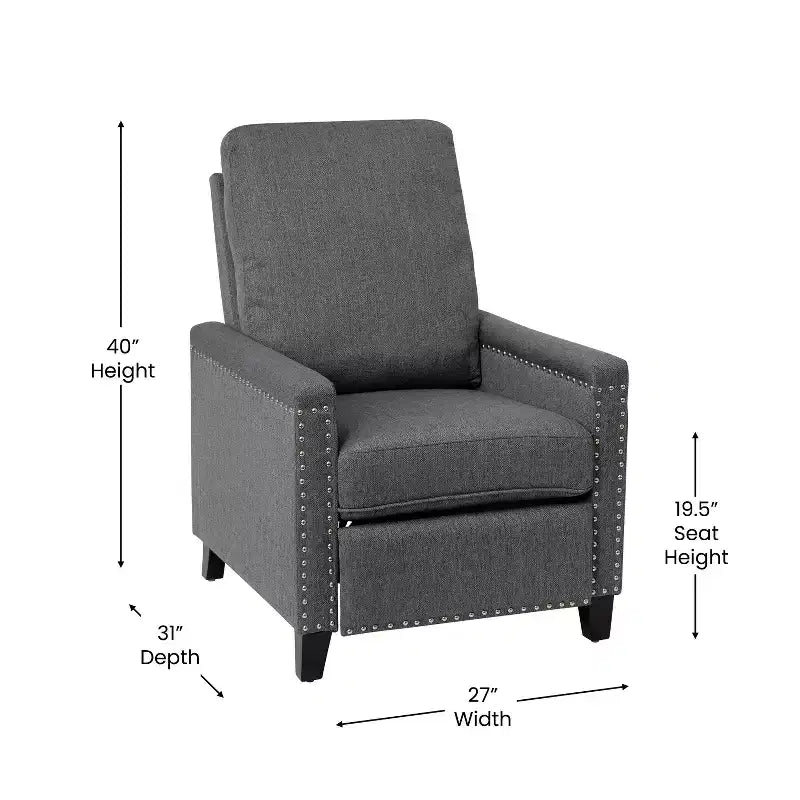 Fauteuil inclinable dossier poussoir en tissu gris / gris clair avec clous décoratifs, une place