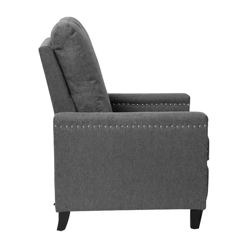 Fauteuil inclinable dossier poussoir en tissu gris / gris clair avec clous décoratifs, une place