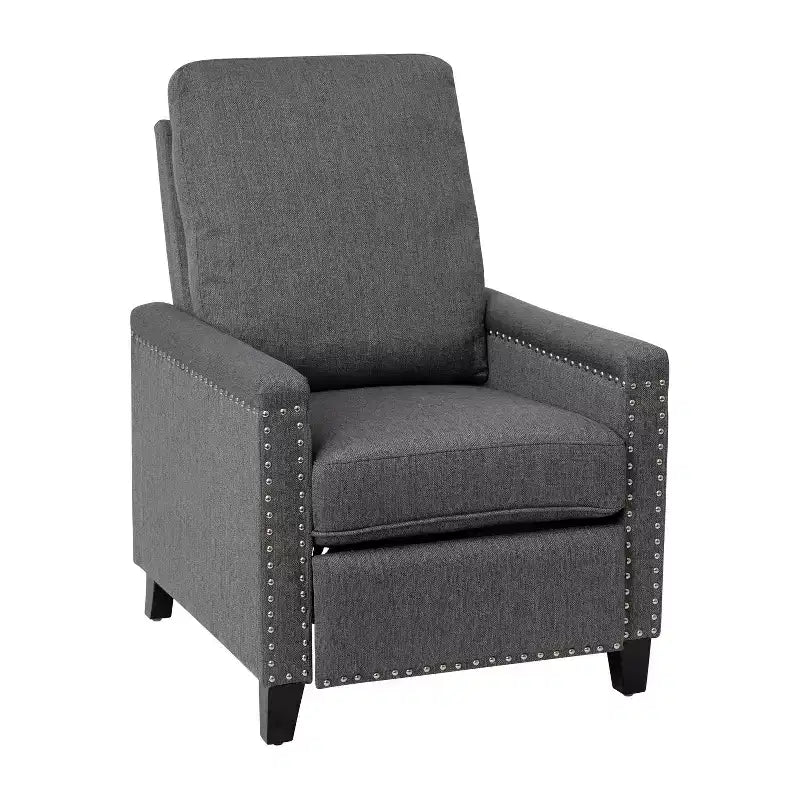 Fauteuil inclinable dossier poussoir en tissu gris / gris clair avec clous décoratifs, une place
