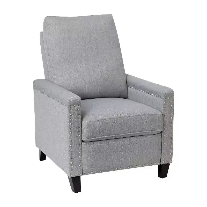 Fauteuil inclinable dossier poussoir en tissu gris / gris clair avec clous décoratifs, une place