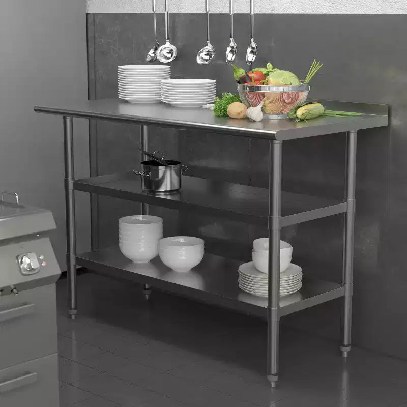 Table de préparation de cuisine en acier inoxydable argenté à 2 étagères, 1 personne