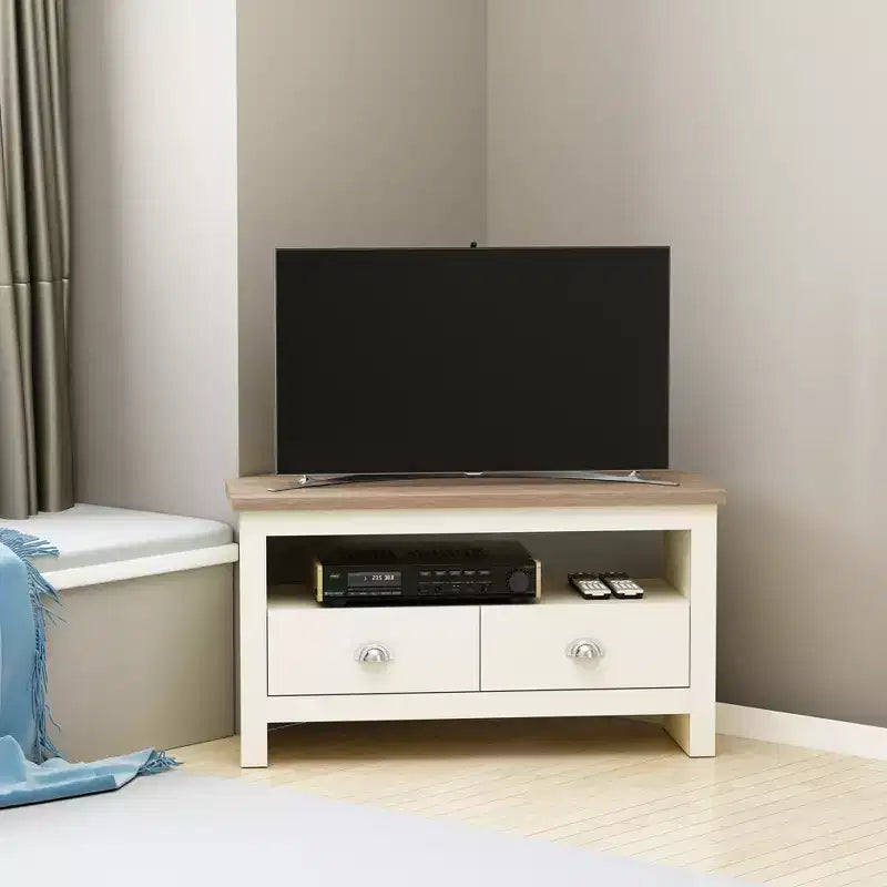 Meuble TV d'angle blanc avec tiroirs, convient jusqu'à 50", assemblage par 1 personne