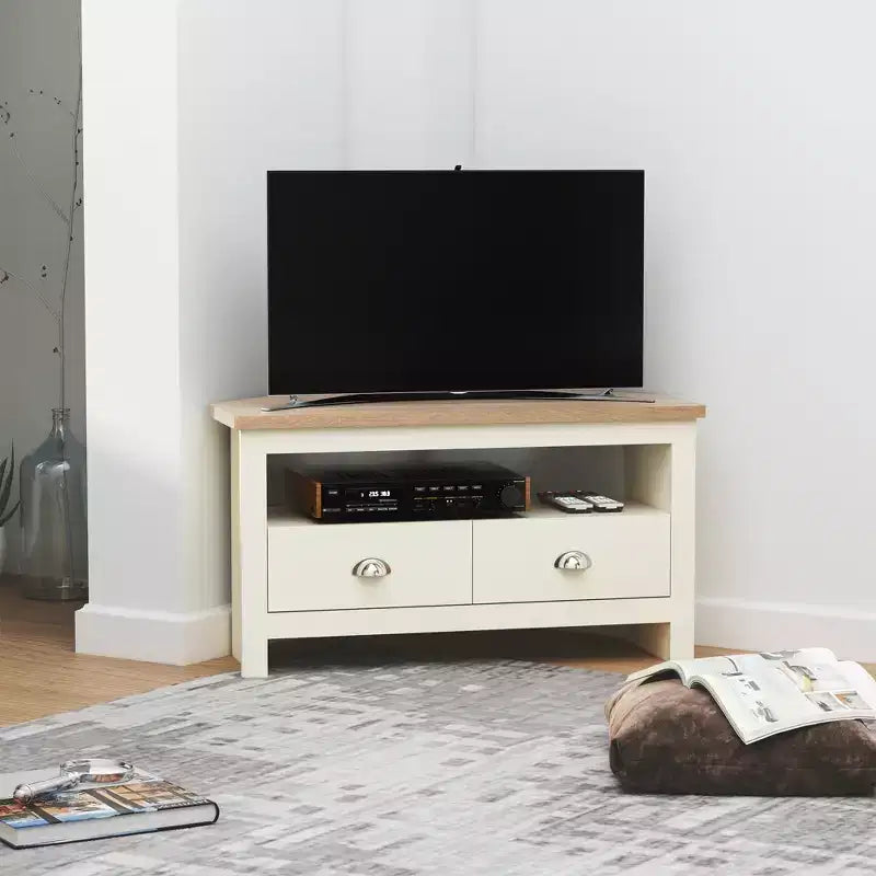 Meuble TV d'angle blanc avec tiroirs, convient jusqu'à 50", assemblage par 1 personne