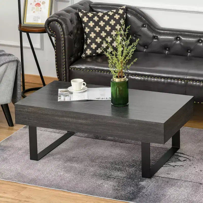 Table Basse Rectangulaire Marron avec Tiroir de Rangement, Piètement Luge en Métal, Places Assises pour 1