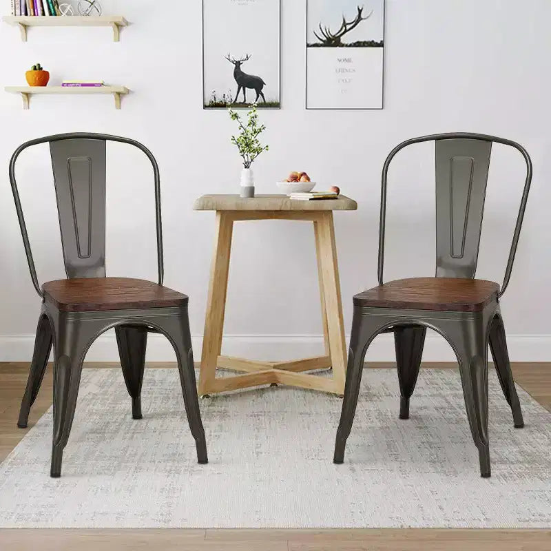 Chaise de salle à manger en métal noir et orme, dossier haut, empilable, lot de 4