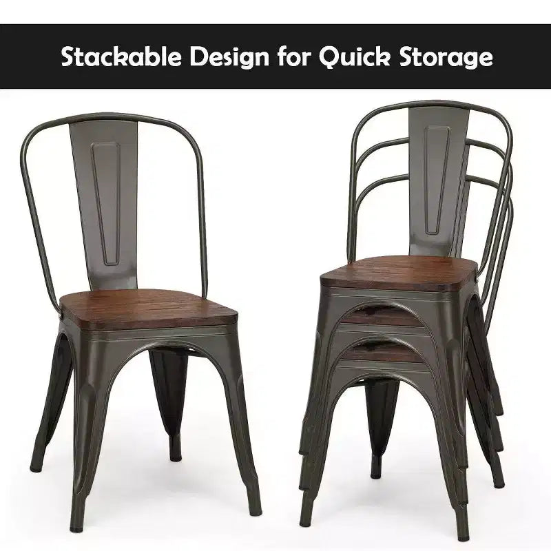 Chaise de salle à manger en métal noir et orme, dossier haut, empilable, lot de 4