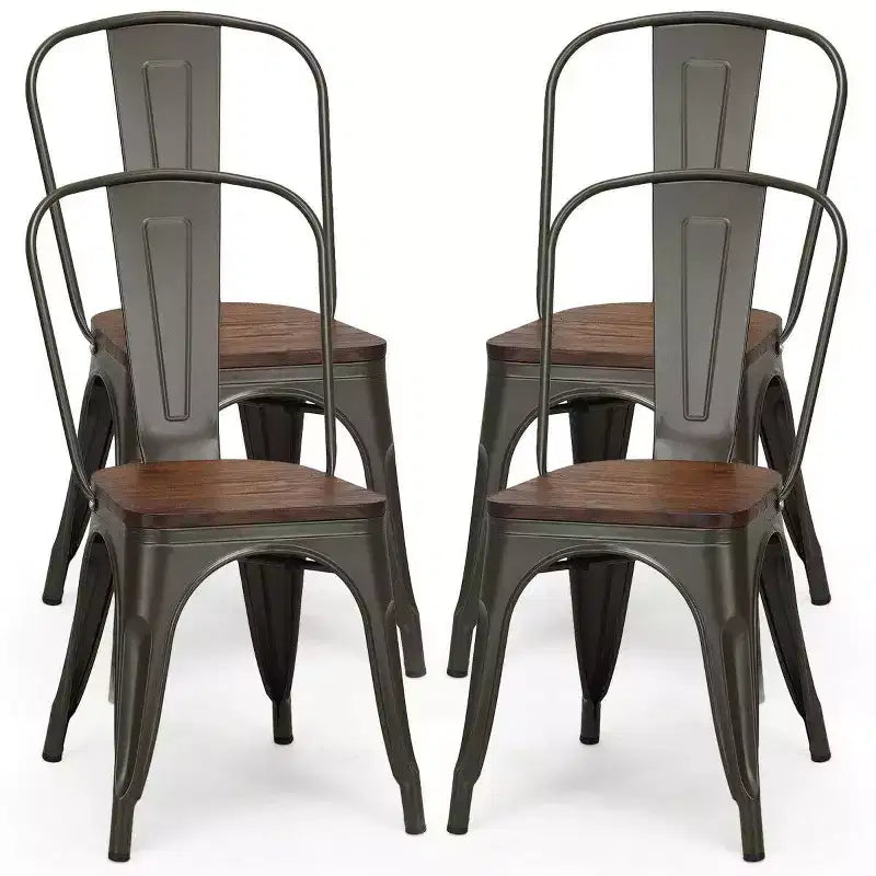 Chaise de salle à manger en métal noir et orme, dossier haut, empilable, lot de 4