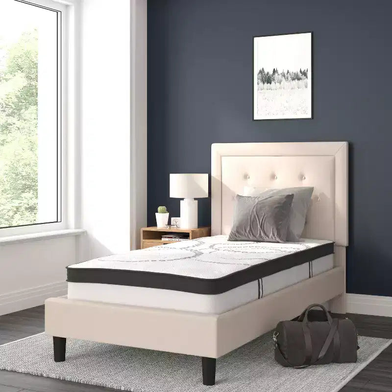 Lit plateforme capitonné gris à boutons avec matelas 10 po, double, 1 personne