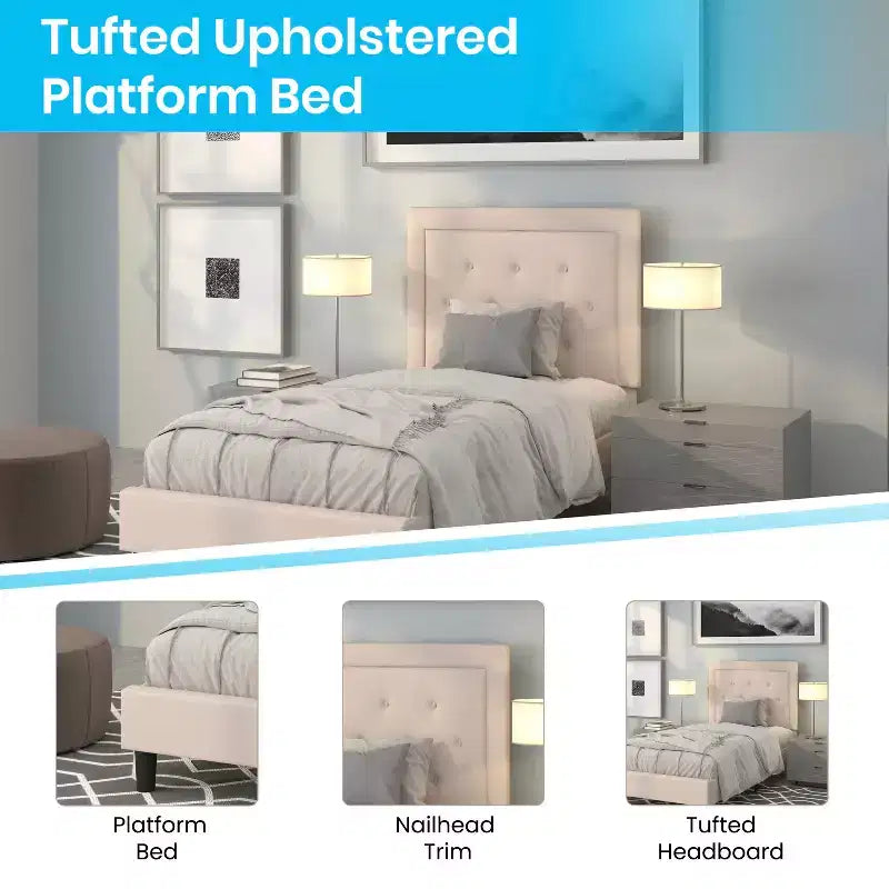 Lit plateforme capitonné gris à boutons avec matelas 10 po, double, 1 personne