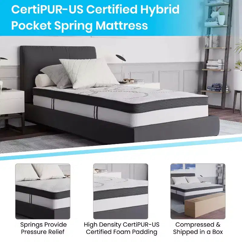 Lit plateforme capitonné gris à boutons avec matelas 10 po, double, 1 personne