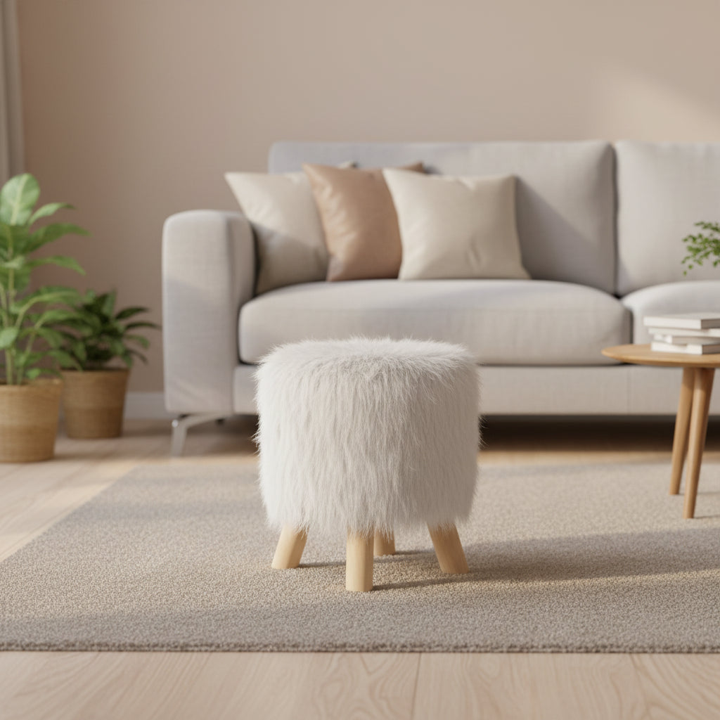 BirdRock Home Faux Fur Foot Stool Ottoman with Wood Legs - White