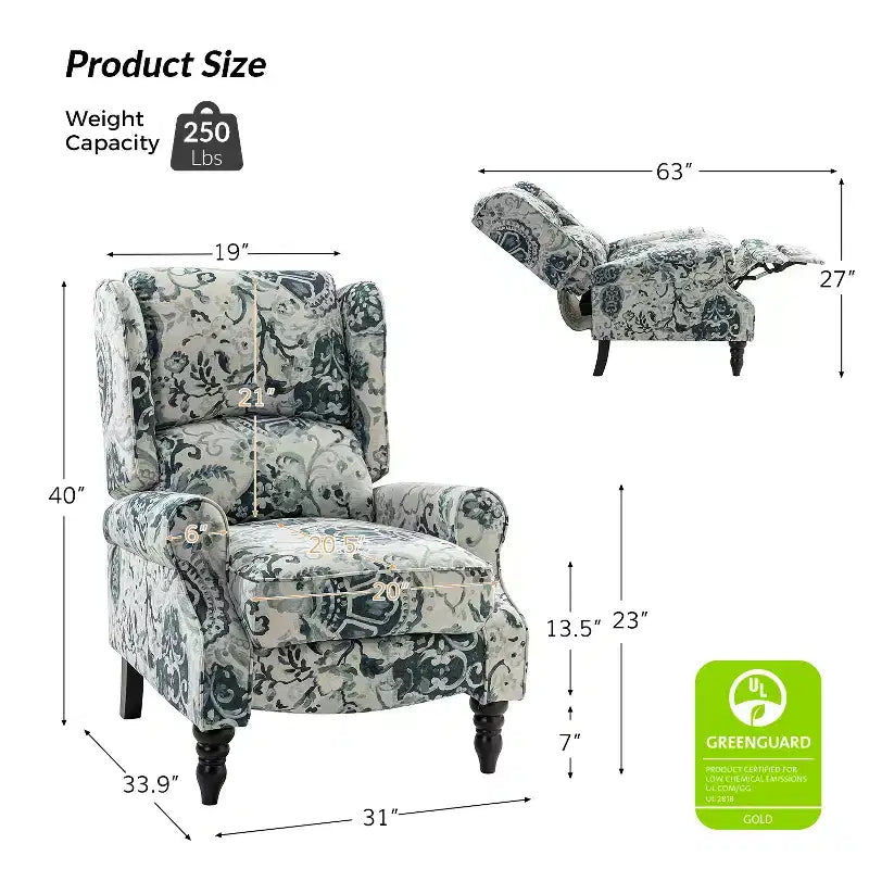 Fauteuil inclinable gris rembourré, à oreilles, manuel, 1 place