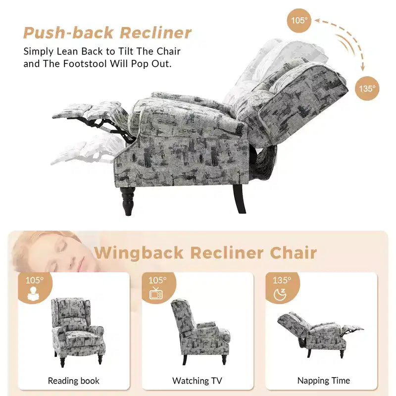Fauteuil inclinable gris rembourré, à oreilles, manuel, 1 place
