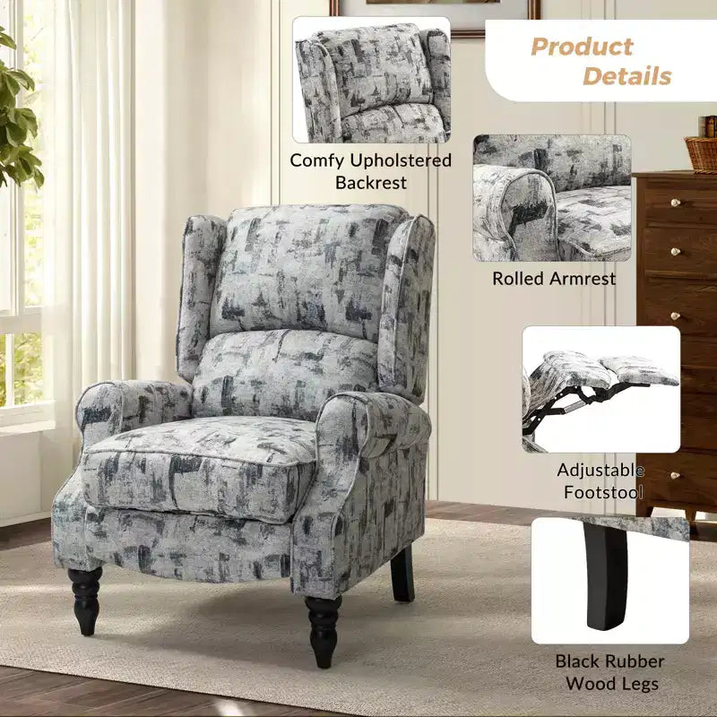 Fauteuil inclinable gris rembourré, à oreilles, manuel, 1 place