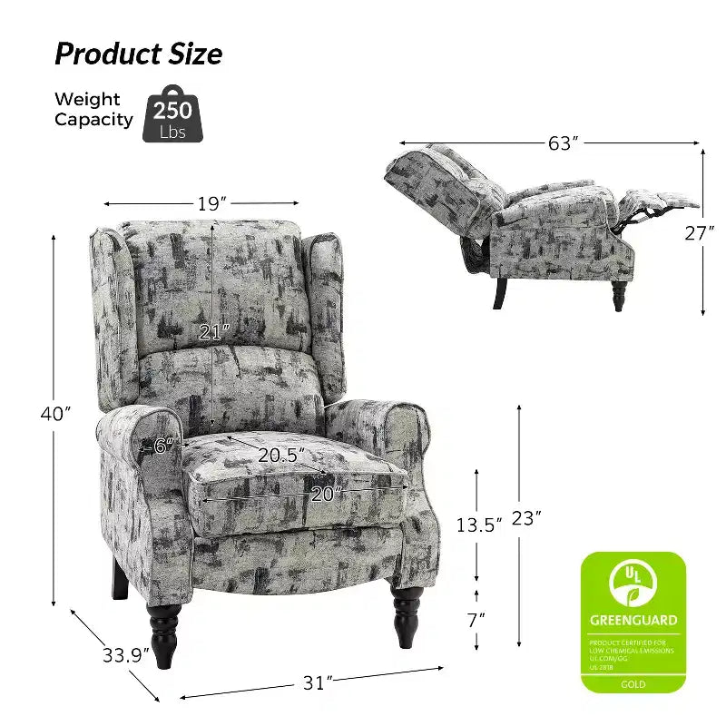 Fauteuil inclinable gris rembourré, à oreilles, manuel, 1 place