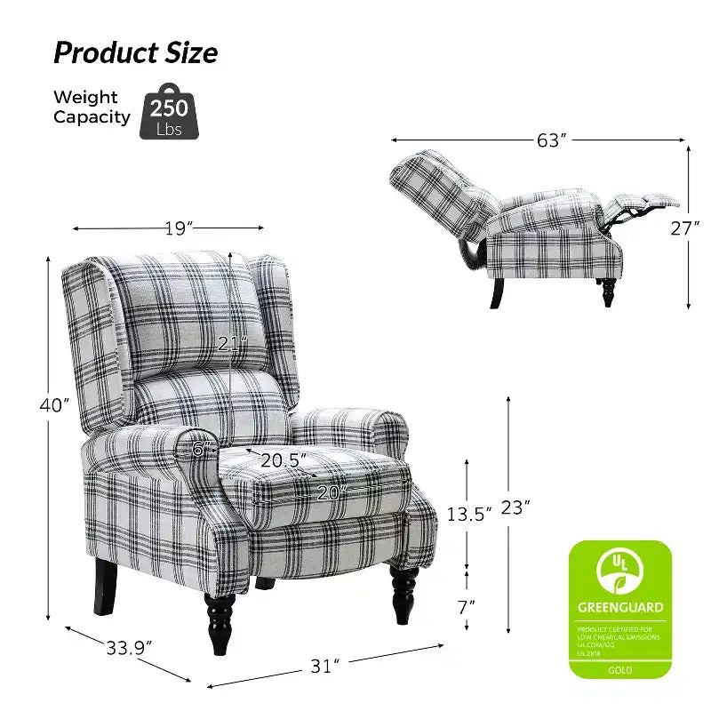 Fauteuil inclinable gris rembourré, à oreilles, manuel, 1 place