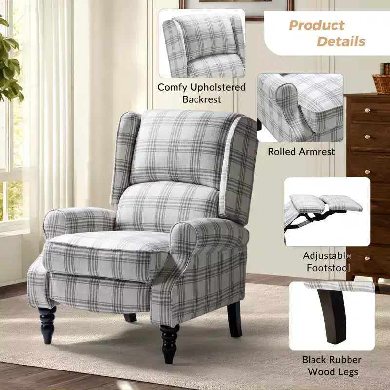 Fauteuil inclinable gris rembourré, à oreilles, manuel, 1 place