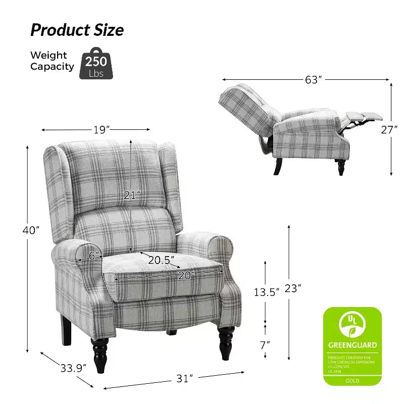 Fauteuil inclinable gris rembourré, à oreilles, manuel, 1 place