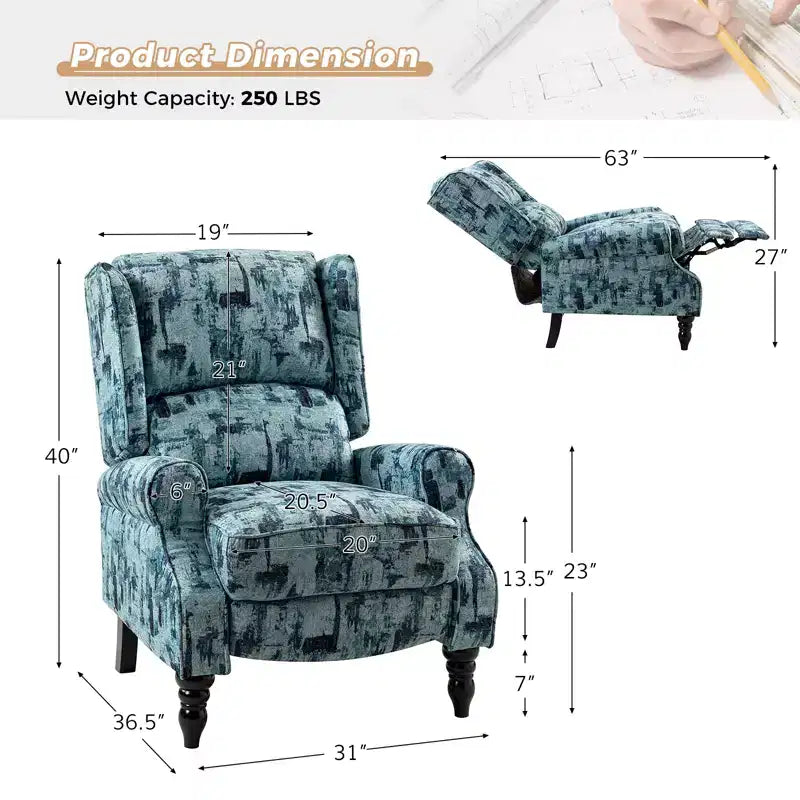 Fauteuil inclinable gris rembourré, à oreilles, manuel, 1 place
