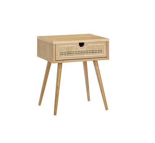 Table de chevet Japandi en placage de chêne avec détails en rotin et rangement coulissant pour chambre à coucher